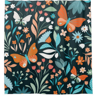 フローラと蝶、装飾シームレスパター シャワーカーテン