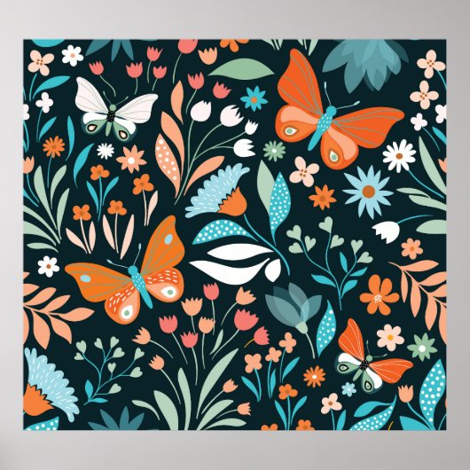 フローラと蝶、装飾シームレスパター ポスター (正面)
