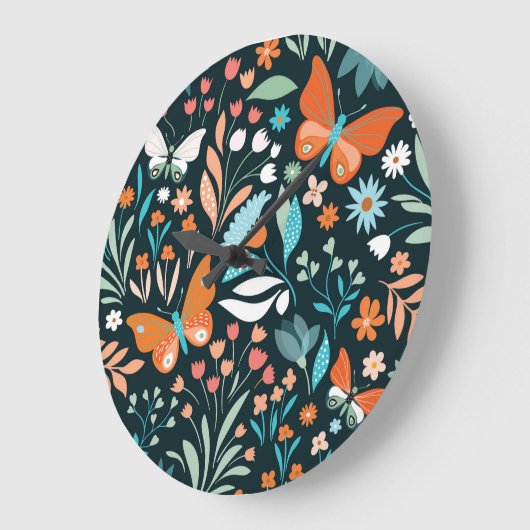 フローラと蝶、装飾シームレスパター ラージ壁時計 (傾斜)