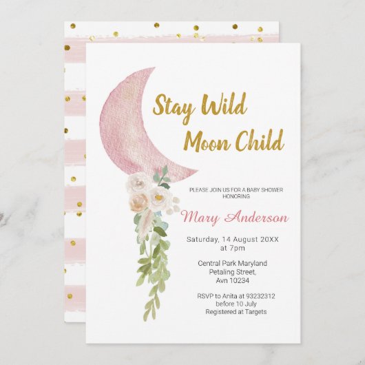 フローラと赤面ピンクムーンベビーシャワー 招待状 (正面/裏面)
