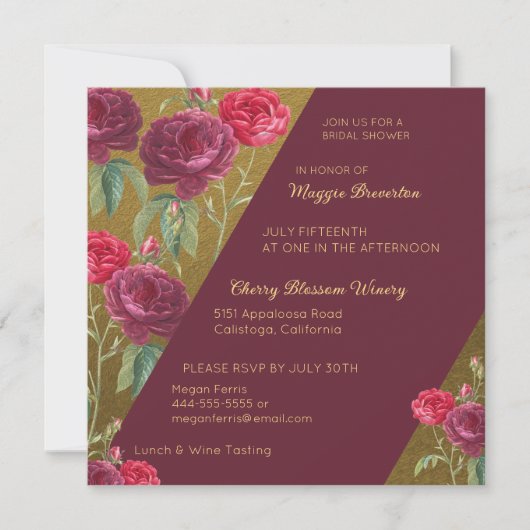 フローラと金ゴールドのブライダルシャワーへの招待 招待状 (正面)