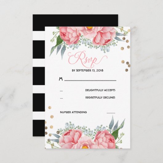 フローラと金ゴールドドットウェディングRSVPカード 出欠カード (正面/裏面)