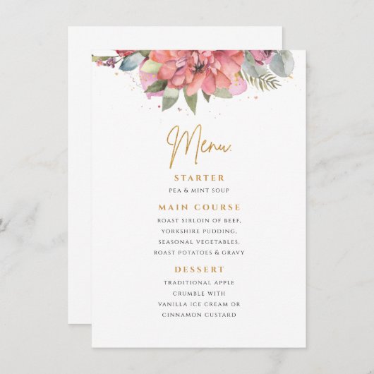 フローラと金ゴールド結婚のメニューカード エンクロージャーカード (正面/裏面)