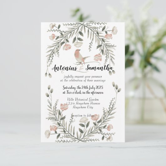 フローラと鳥のイラストレーション結婚式招待状 招待状 (スタンド正面)