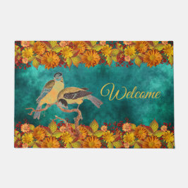 フローラと鳥オレンジ、赤、黄、ティール（緑がかった色）、カスタマイズ ドアマット