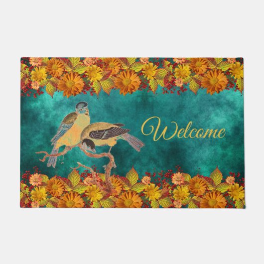 フローラと鳥オレンジ、赤、黄、ティール(緑がかった色)、カスタマイズ ドアマット (正面)