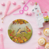 フローラと鳥、オレンジ、黄、赤緑の裏地 ペーパープレート (パーティー)