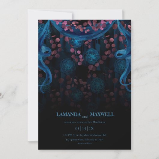 フローラのゴシック色のブルー結婚ピンク色の手打ち 招待状 (正面)