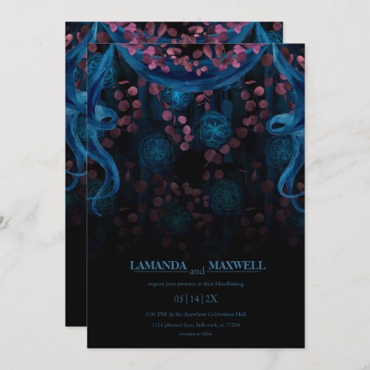 フローラのゴシック色のブルー結婚ピンク色の手打ち 招待状 (正面/裏面)