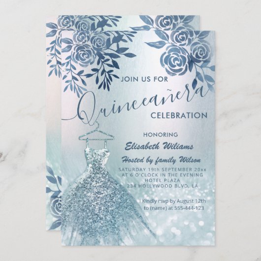 フローラのシックな青いドレスの輝グラデーションき 招待状 (正面/裏面)