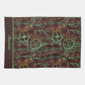 フローラのシームレスなパターンのパーソナライズされた緑の名前 キッチンタオル (横)