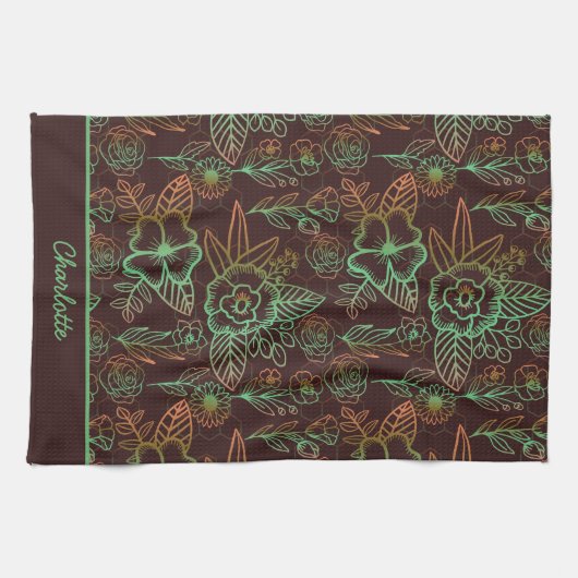 フローラのシームレスなパターンのパーソナライズされた緑の名前 キッチンタオル (横)