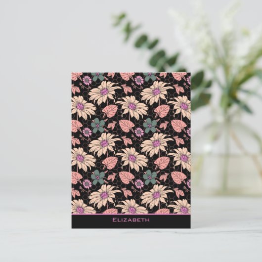 フローラのシームレスなパターンパーソナライズされたカラフル名 ポストカード (スタンド正面)