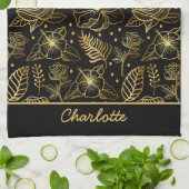 フローラのシームレスなパターンパーソナライズされた金ゴールド名 キッチンタオル (折り畳み)