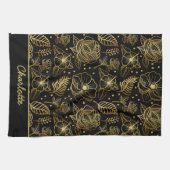 フローラのシームレスなパターンパーソナライズされた金ゴールド名 キッチンタオル (横)