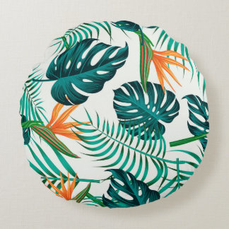 フローラのシームレス葉なパターン熱帯の背 ラウンドクッション