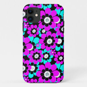 フローラのネオン模様の紫とターコイズの花 iPhone 11 ケース