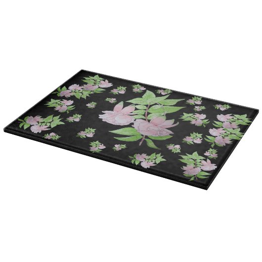 フローラのピンクの花のかわいらし束の写真 カッティングボード (角)