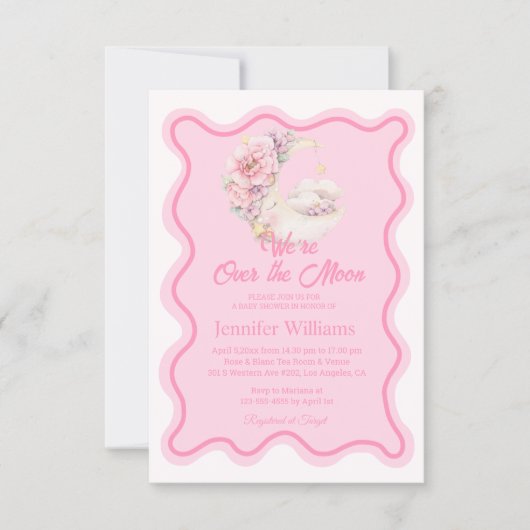 フローラの上の月のピンクの波打つアーチベイビーシャワー 招待状 (正面)