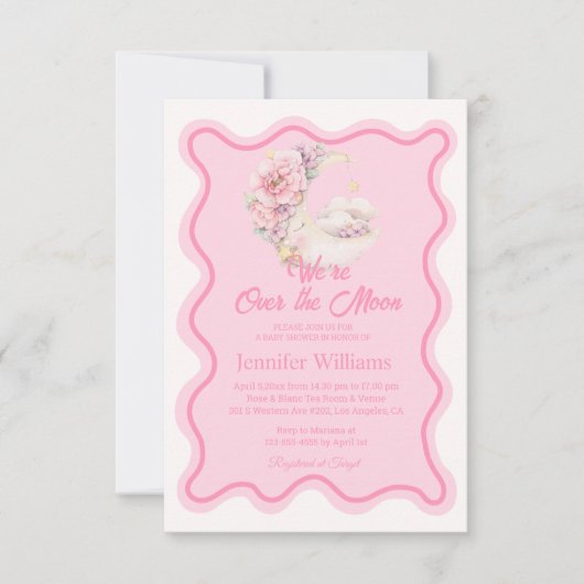 フローラの上の月のピンクの波打つアーチベイビーシャワー 招待状 (正面)