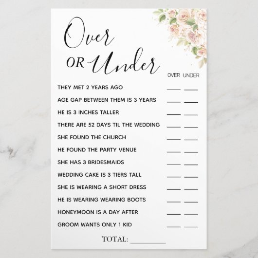 フローラの上または下のブライダルシャワーゲームカード チラシ (正面)