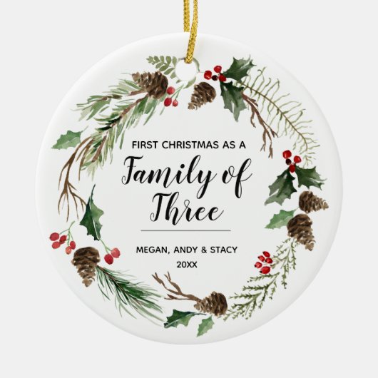 フローラの初めてのクリスマス3人の家族 セラミックオーナメント (正面)