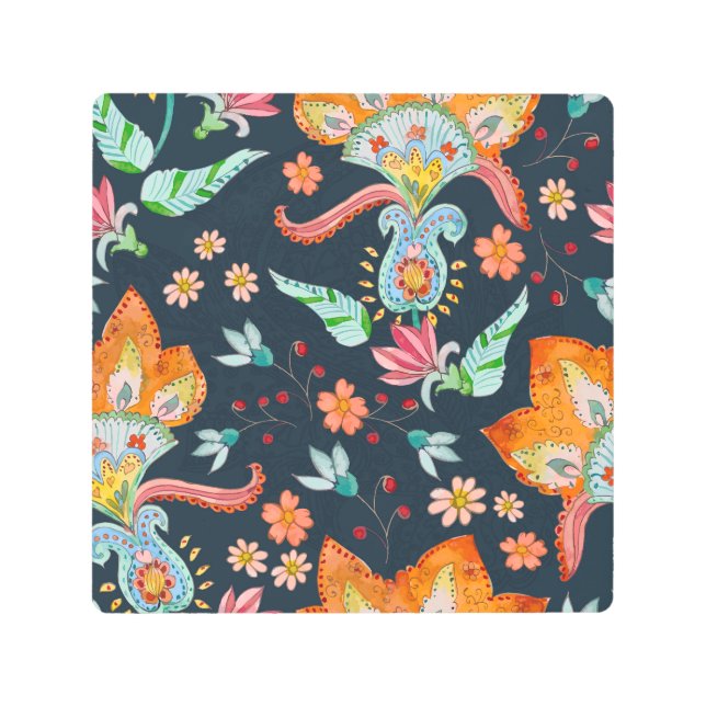 フローラの喜び：水彩フラワーテクスチャ メタルプリント (正面)