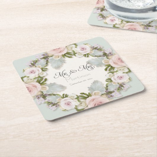 フローラの多肉質バラの葉ミセス結婚ズ スクエアペーパーコースター (アングル)