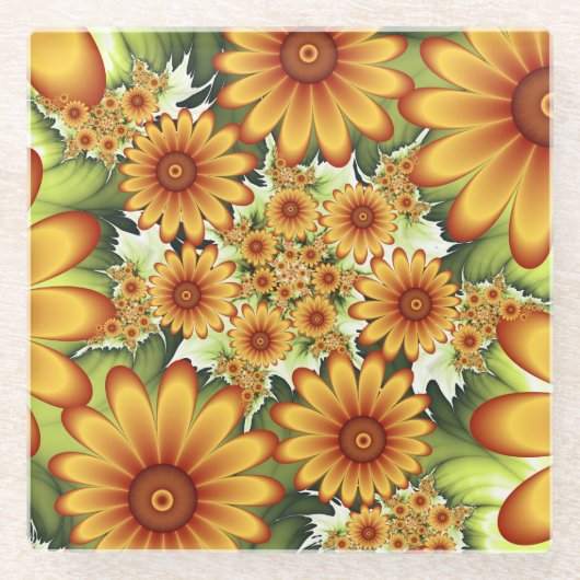 フローラの夢、モダン抽象芸術花フラクタルアート ガラスコースター (正面)