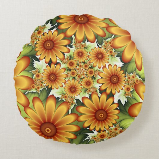 フローラの夢、モダン抽象芸術花フラクタルアート ラウンドクッション (正面)