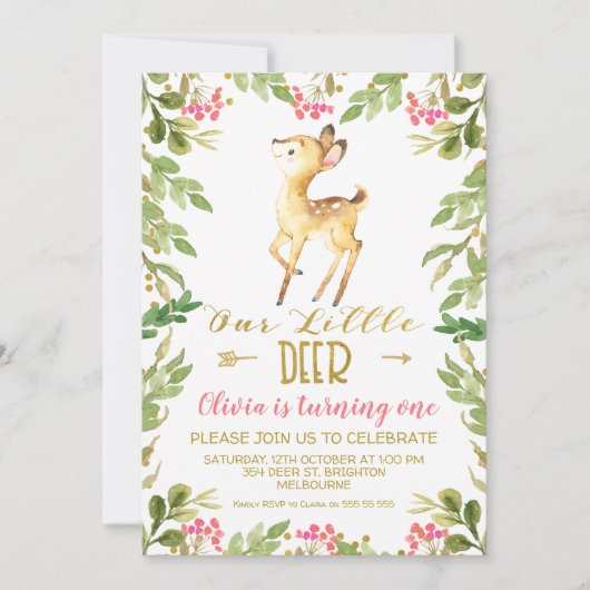 フローラの小さな鹿の誕生日パーティーへの招待 招待状 (正面)