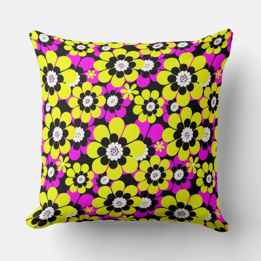 フローラの明るいネオン模様クリムゾンとイエローフロー クッション (正面)