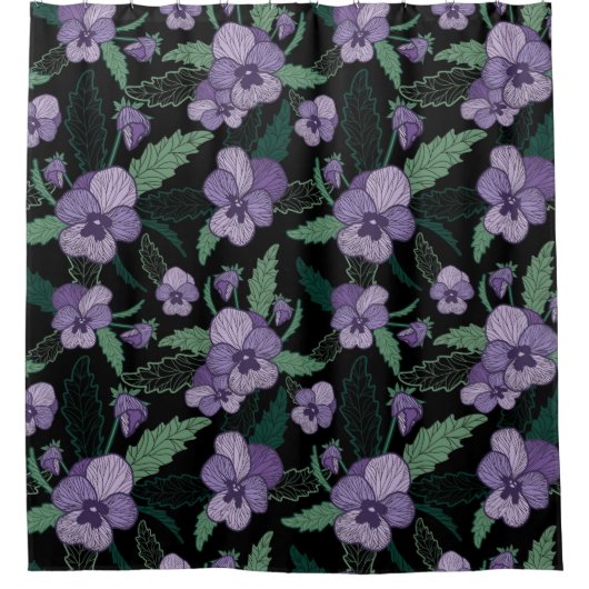 フローラの暗い背景に葉を付けたパンジー シャワーカーテン (正面)