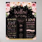 フローラの最初の誕生日マイルストーン誕生統計サイン ポスター (正面)