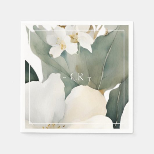 フローラの水彩の葉のイニシャル スタンダードカクテルナプキン (正面)