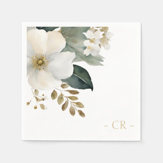 フローラの水彩の葉のイニシャル スタンダードカクテルナプキン (正面)