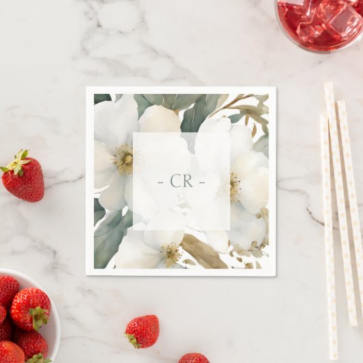 フローラの水彩の葉のオーバーレイ&イニシャル スタンダードカクテルナプキン (インサイチュ)