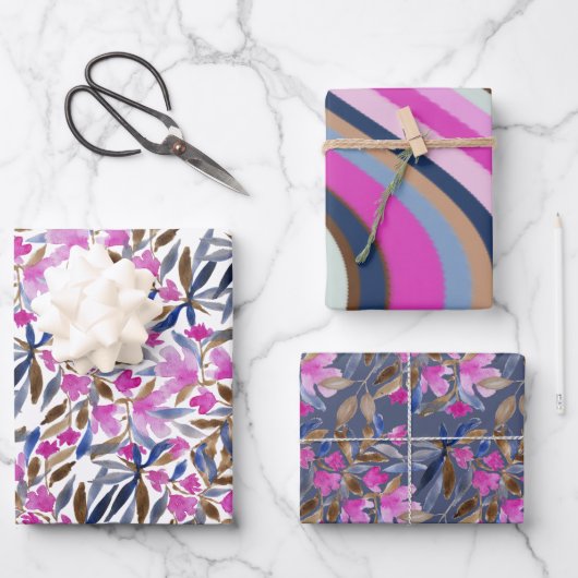 フローラの水彩ピンクヴェネチアンブルーシダー ラッピングペーパーシート (正面)