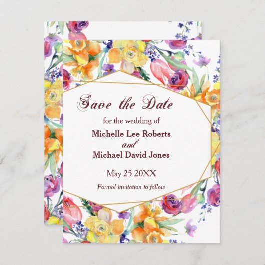 フローラの水彩白の日付を保存 案内状 (正面/裏面)