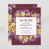 フローラの水彩Burgundy日付を保存 案内状 (正面/裏面)