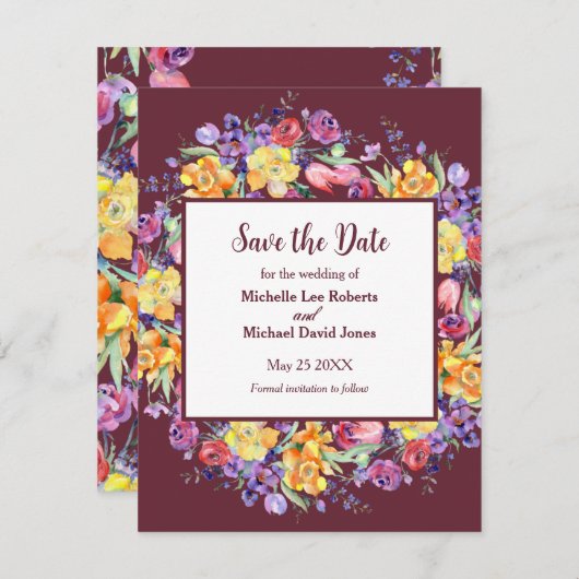 フローラの水彩Burgundy日付を保存 案内状 (正面/裏面)