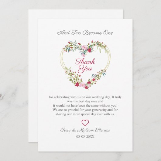 フローラの水色のハート葉とピンクと赤 サンキューカード (正面/裏面)