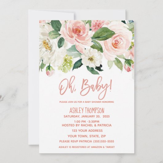 フローラの水色ほこりっぽいピンクの女の子の赤ちゃんシャワー 招待状 (正面)