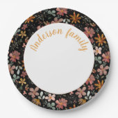 フローラの水色オレンジの名前黒 ペーパープレート (正面)