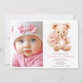 フローラの水色テディベア、フォトガールバプテスマ 招待状 (正面)