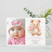 フローラの水色テディベア、フォトガールバプテスマ 招待状 (スタンド正面)
