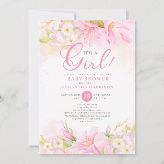 フローラの水色ボホピンクピクニックベビーシャワー 招待状 (正面)