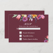 フローラの水色Burgundy RSVPとメニュー 出欠カード (正面/裏面)