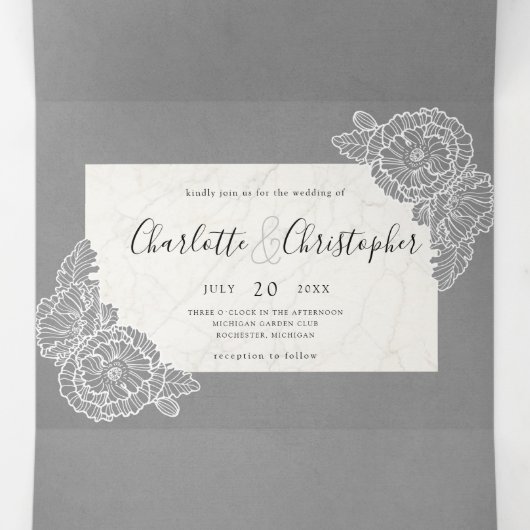 フローラの灰色の三つ折り結婚で一つ 三つ折り招待状 (内部中)