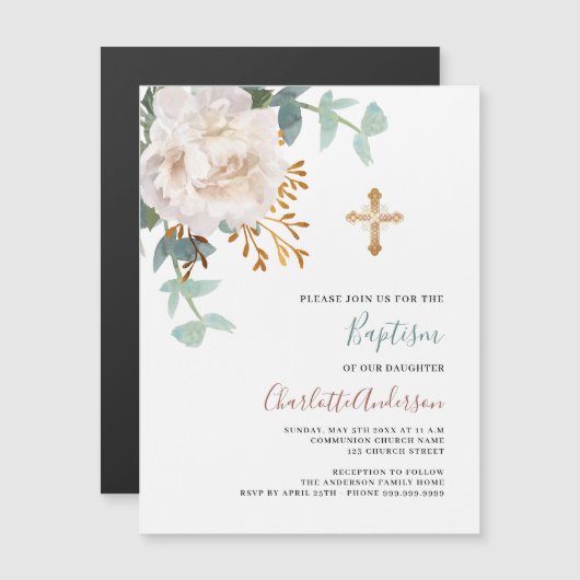 フローラの白い緑の金ゴールドは豪華な洗礼を越える マグネット招待状 (正面/裏面)